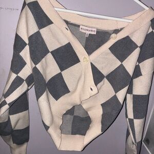 Willow & Wind Blue and Cream Checkerboard V-Neck Cardigan